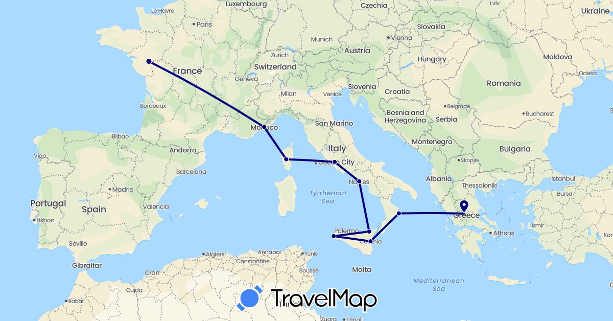 TravelMap itinerary: driving in France, Greece, Italy, Monaco (Europe)