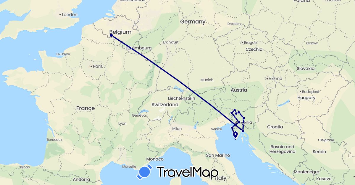 TravelMap itinerary: driving in Belgium, Croatia, Slovenia (Europe)